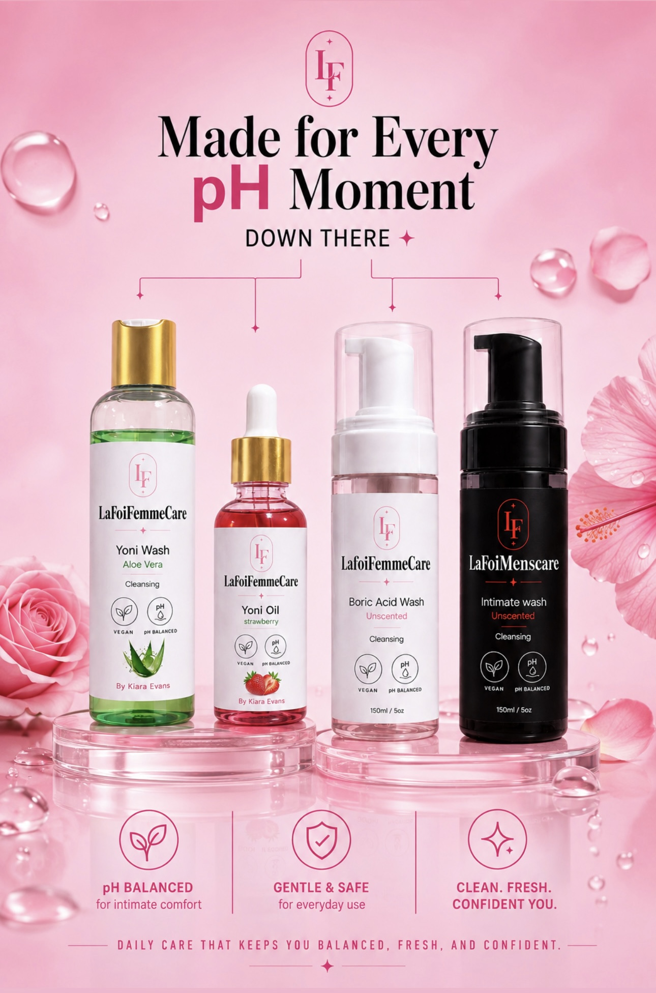 LaFoiFemmeCare — Made for every pH moment. Yoni Wash, Yoni Oil, Boric Acid Wash and LaFoiMenscare Intimate Wash. pH balanced, gentle and safe.